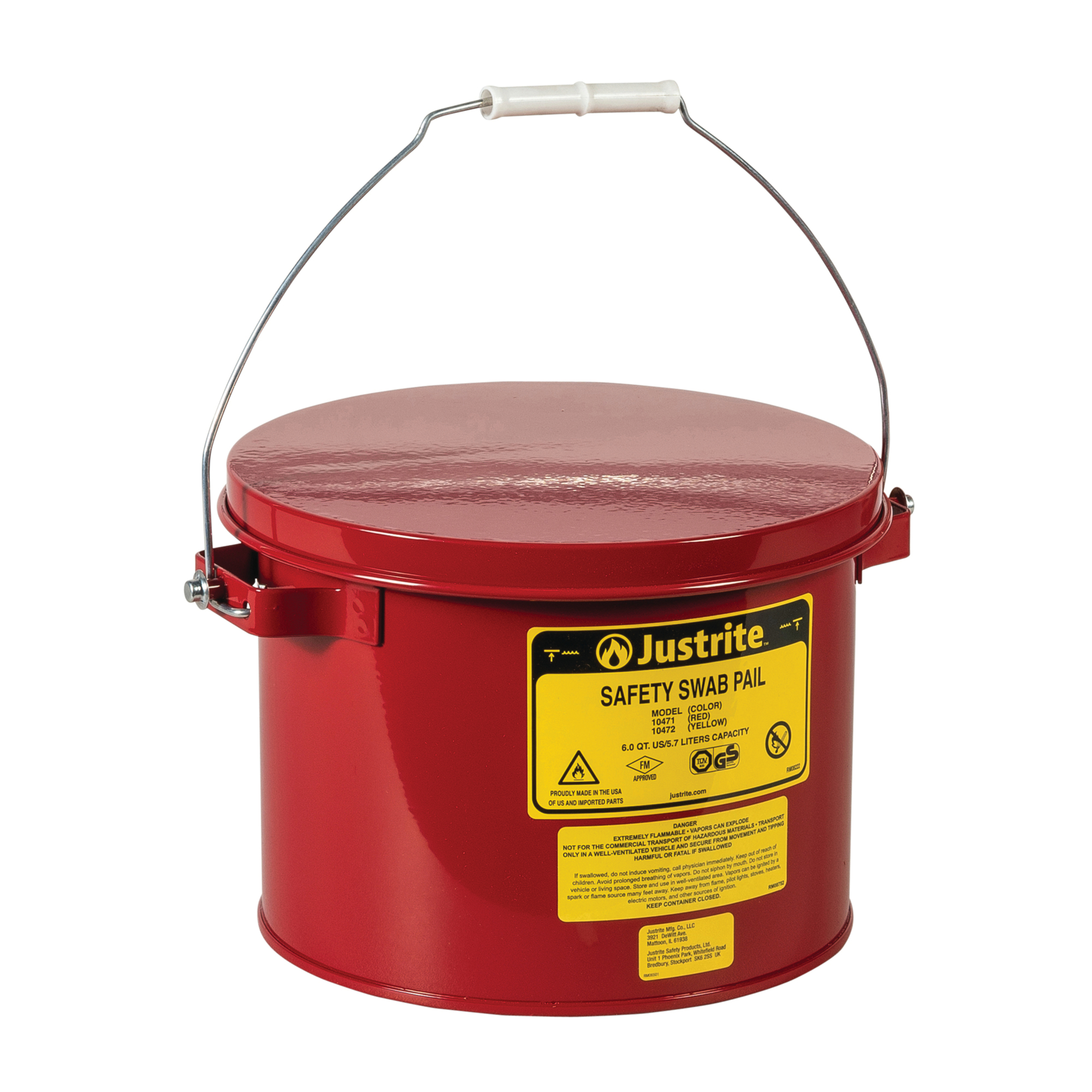 Justrite Steel Swab Pail — 6 Quarts, Perforated Dasher Plate, Hinged Cover, Red, Model# 10471